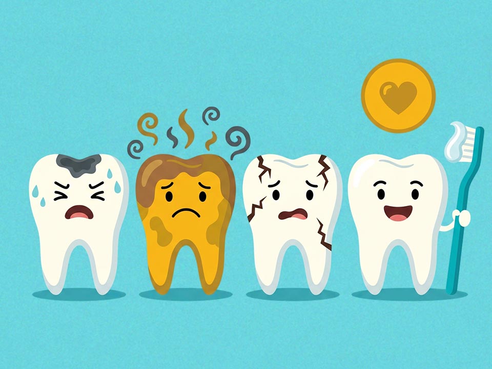 4 Teeth in a line with various health concerns, and the last one clean and healthy