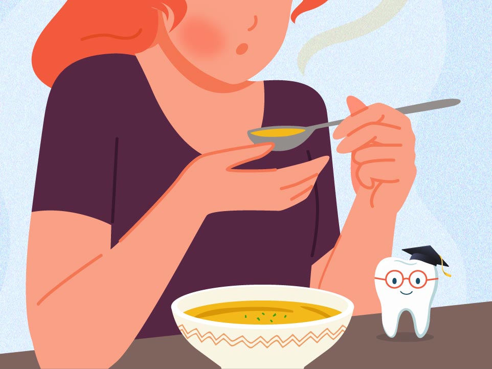 woman eating soup with small tooth nearby