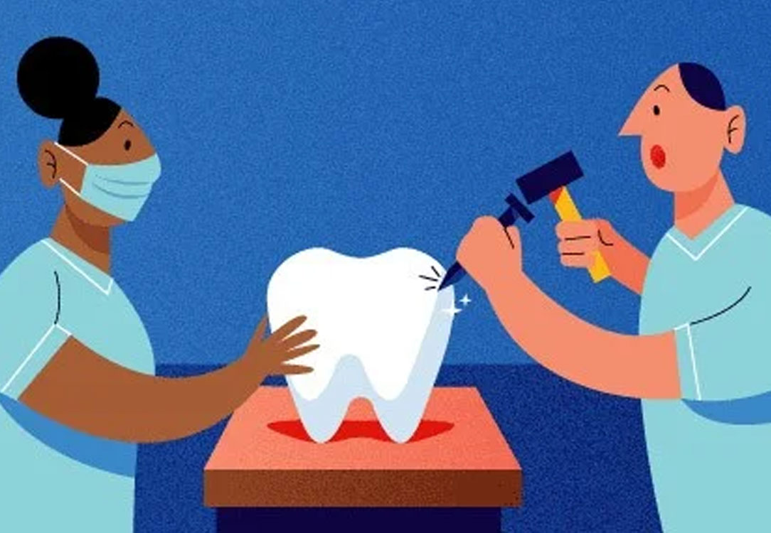 Two people repairing a tooth with a nail and hammer on a table with a blue background