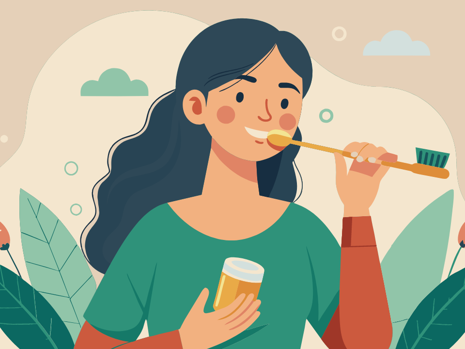 Dark haired woman eating from a jar with a spoon toothbrush