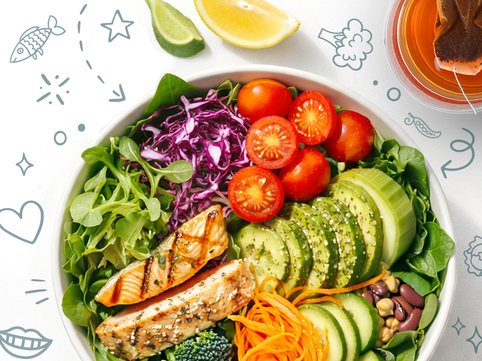 salad with fish and an assortment of vegetables