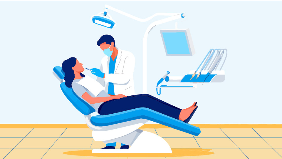 woman sitting on full dental chair setup while dentist works on their teeth