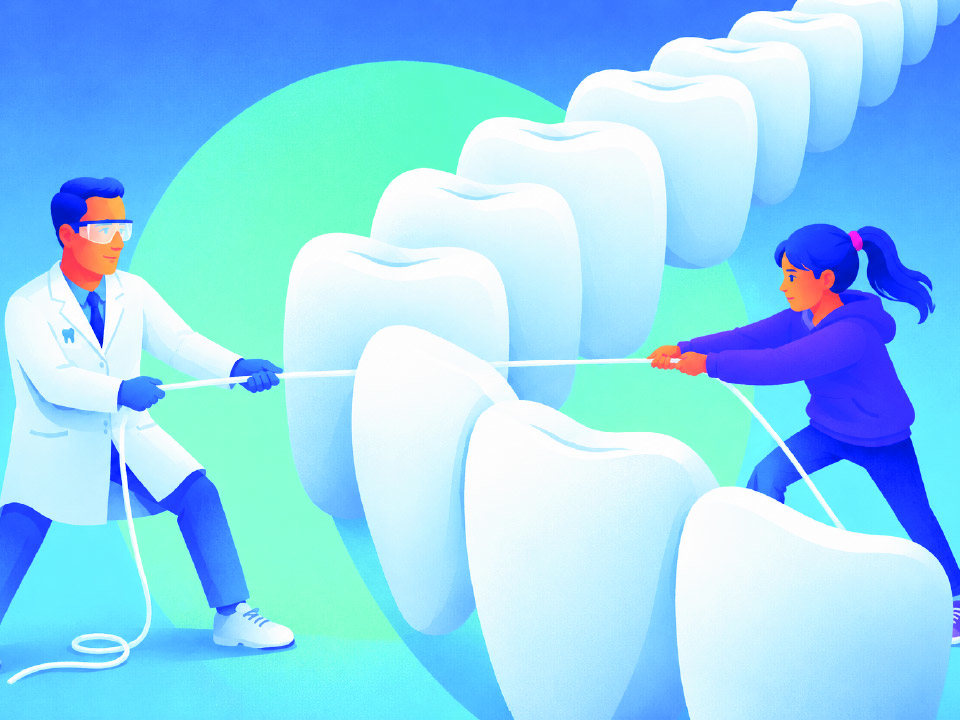 Dentist and patient flossing on opposite sides of teeth
