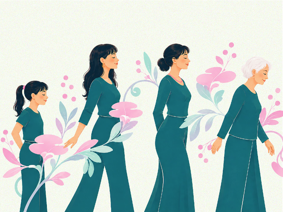 woman growing up through various life stages