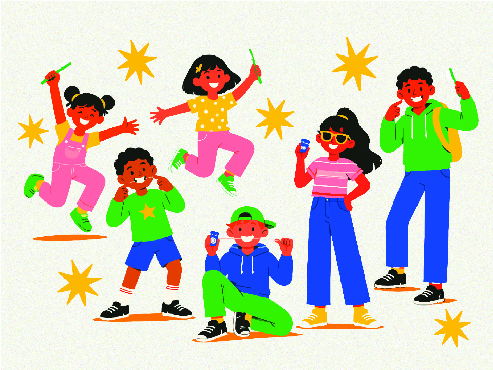 children from different age groups smiling with toothbrushes